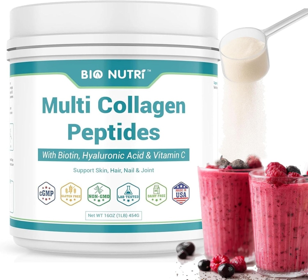 BIO NUTRI Collagen Peptider Powder Multi- Type (I, II, III, V, X) med biotin & hyaluronsyre til hår, hud, negle og nitter, uden smag, 16oz