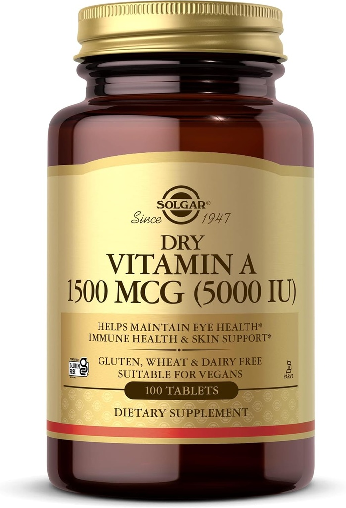 Solgar Dry Vitamin A 1500 mcg (5000 IE), 100 tabletter - Understøtter sunde øjne, hud og immunsystem - non-GMO, Vegan, Gluten Free, Dairy Free, Kosher - 100 Servere