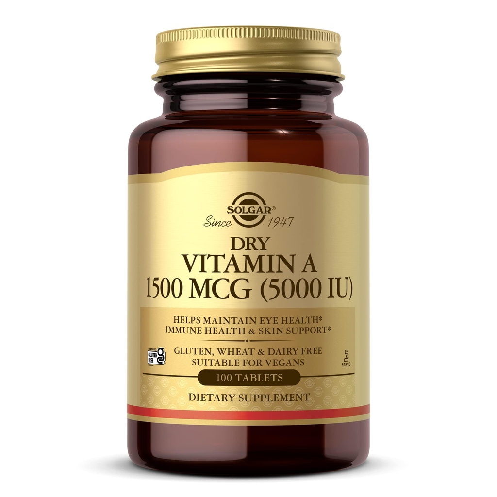 Solgar Dry Vitamin A 1500 mcg (5000 IE), 100 tabletter - Understøtter sunde øjne, hud og immunsystem - non-GMO, Vegan, Gluten Free, Dairy Free, Kosher - 100 Servere
