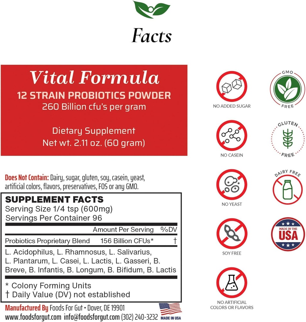 Fødevarer til Gut Vital Formel 12 Strain Probiotika Pulver 260 Millioner CFU = 124; Fremstillet i USA = 124; Direkte fra producent = 124; Ingen Third- Party Storage = 124; immunforsvar = 124; 60 Bedste (2,11 Oz)