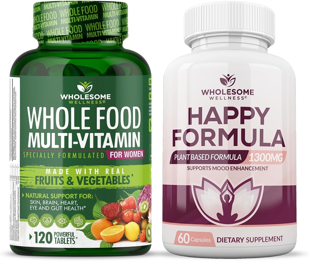 Grossic Wellness Hele fødevarer Multivitamin til kvinder - Naturlige Multi Vitamin, Mineraler, Økologiske Ekstrakter Happy Formel Relief Supplement Bundle
