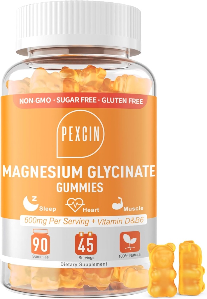 Magnesium Glycinat Gummies til voksne og børn, 1000mg høj absorption Magnesiumkompleks supplement, sukker fri med kalium, D-vitamin & B6 for rolig, bedre søvn - 90 Tæller Orange