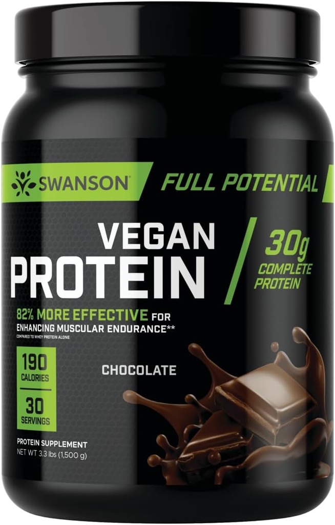 Swanson Fuld Potentiel Vegansk Protein - Chokolade Flavor, Hele Vegansk Protein Powder til muskeltræning og inddrivelse - 30 g