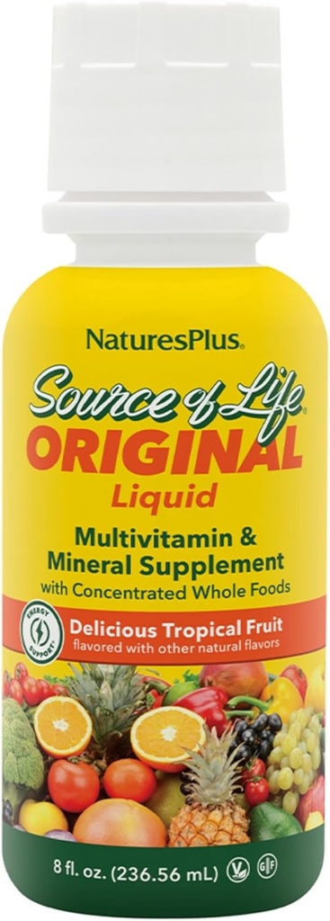 Natures Plus Kilde of Life Liquid, Tropical Fruit - 8 fl oz - Multivitamin & Mineral supplement - Gluten Free, Vegetar - 8 Servere