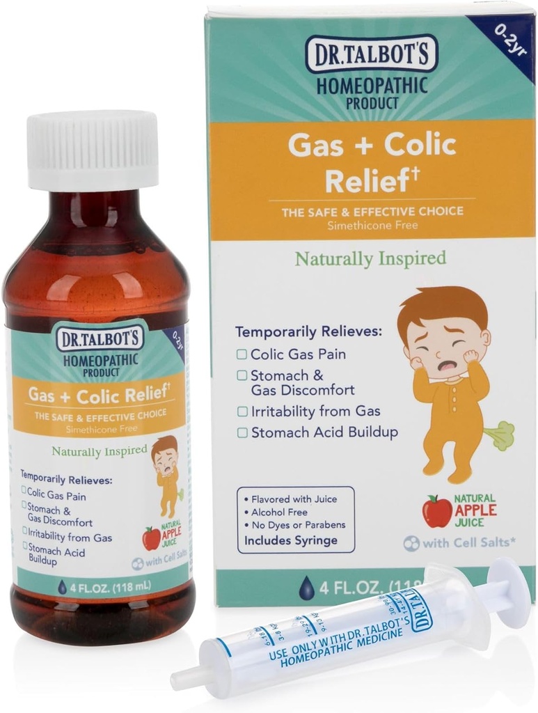 Dr. Talbot 's Gas + Colic Relief Liquid Medicine, naturligt inspireret, for spædbørn, Inkluderer Syringe, Apple Juice Flavor, 4 Fl Oz