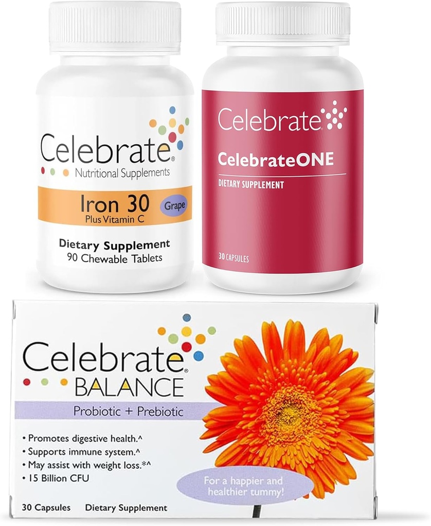 Celebrate Vitaminer Bariatric Bundle - CelebrateONE Multivitamin, Jern med C-vitamin Chewables, og Balance Probiotic + Prebiotic - Essential Nutrition & fordøjelsesstøtte til WLS Inddrivelse