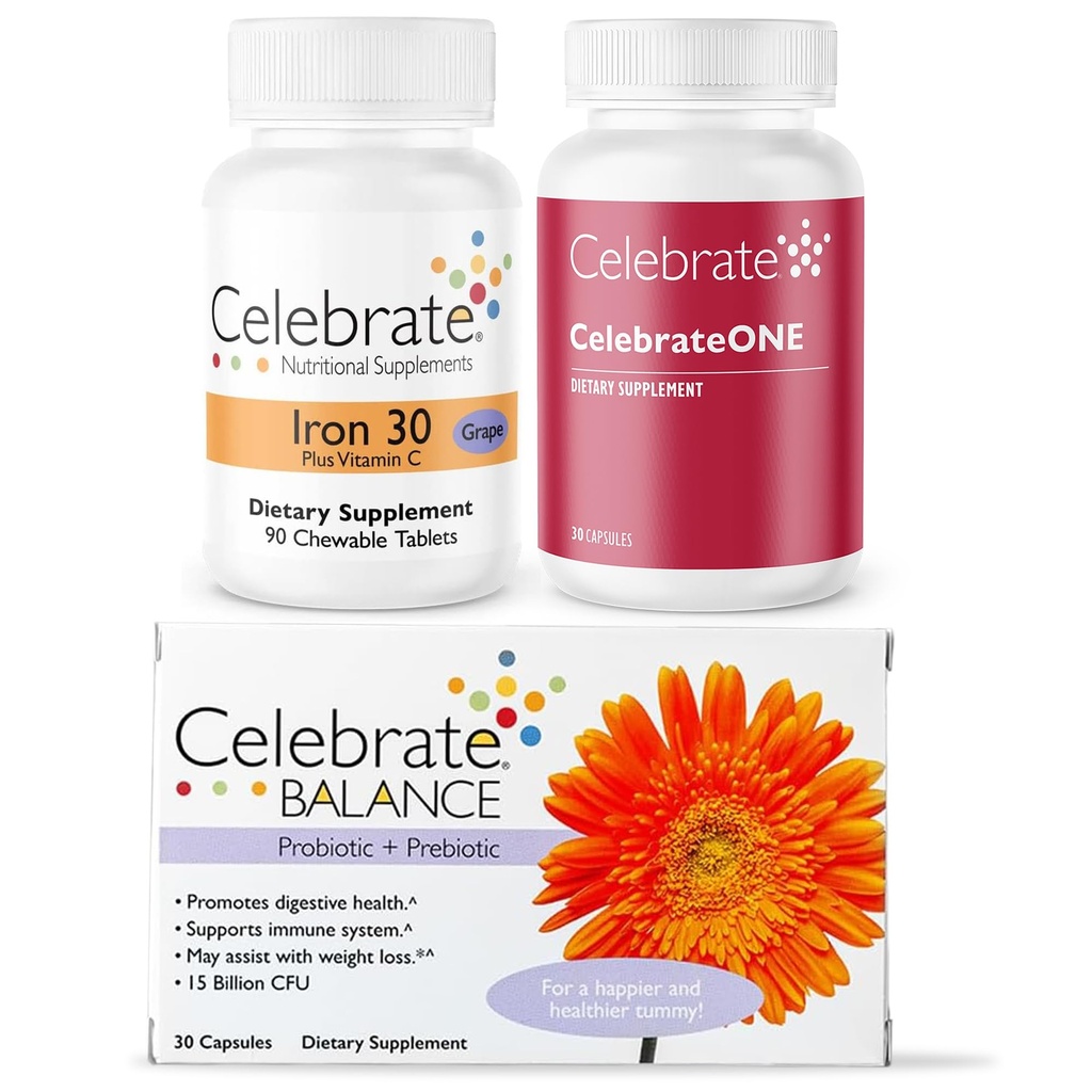 Celebrate Vitaminer Bariatric Bundle - CelebrateONE Multivitamin, Jern med C-vitamin Chewables, og Balance Probiotic + Prebiotic - Essential Nutrition & fordøjelsesstøtte til WLS Inddrivelse