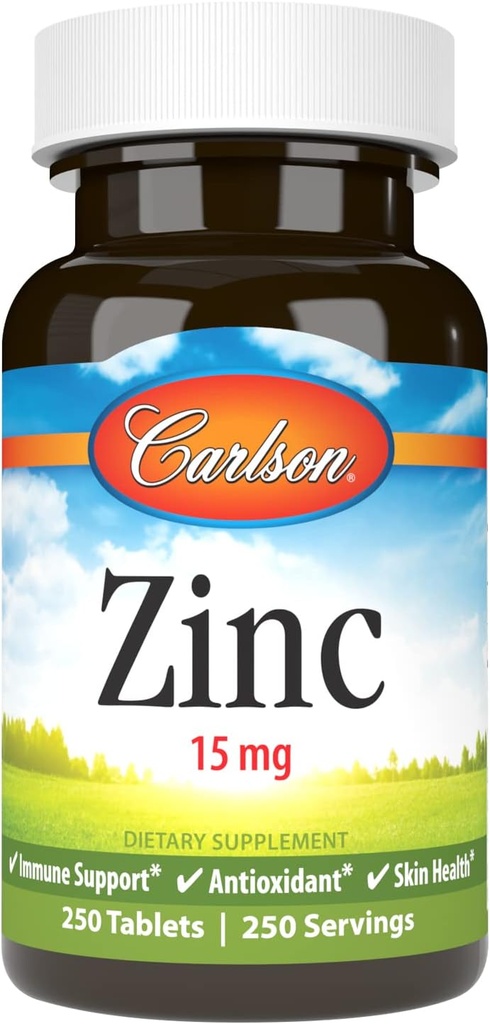 Carlson - Zink, 15 mg, Zinktilskud, Zinkgluconat, immunforsvar og hudhygiejne, zinktabletter, antioxidant, zinkkapsler, 250 tabletter