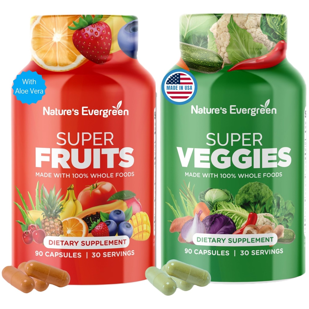 Frugt og grøntsager Supplement - Nature Frugt og grøntsager Kosttilskud - Vegan, Ikke GMO, Soja fri, Superfood Vitamin & Minerals Nutritional Balance - (Total 180 kapsler - pakke med 2) Made in USA