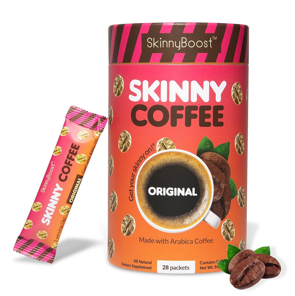 Skinny Boost Instant Skinny Coffee Sticks (Unflavored) - Lavet med Arabica Coffee Beans, Garcinia Cambogia, Green Tea Extract, B Vitaminer, Fiber og Prebiotika -Sugar Free- Keto Friendly (28 Pakets)