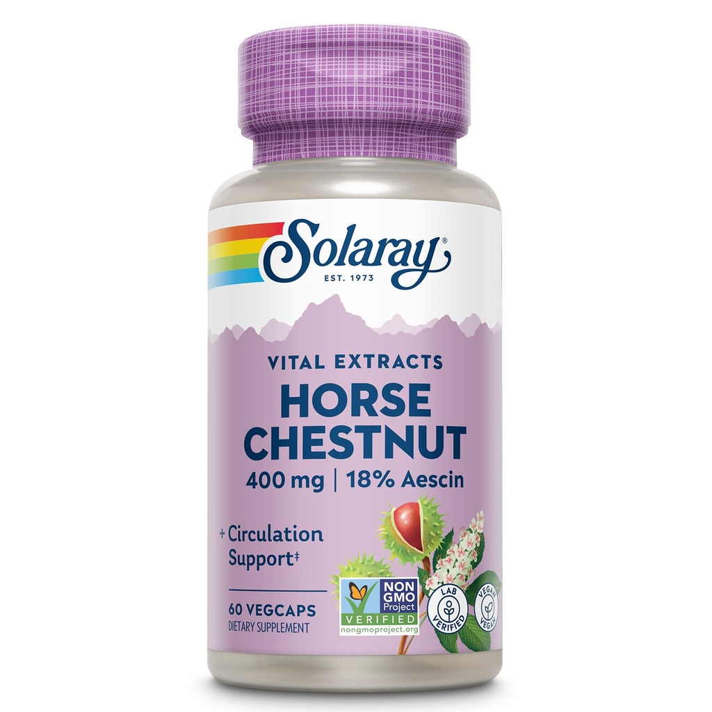 Solaray Horse Chestnut Extract 400 mg - Standardiseret til 72 mg Aescin - Med 55 mg af slagtere Broom - Vein og blodcirkulation kosttilskud - Vegan, non-GMO, 60- dag garanti, 60 Servering, 60 VegCaps
