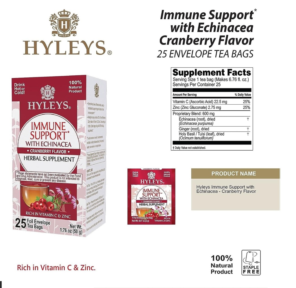 HYLEYS Immunitet te med Echinacea Cranberry Flavor - 25 Tea Tasker (1 pakke) - Støtte dit immunsystem