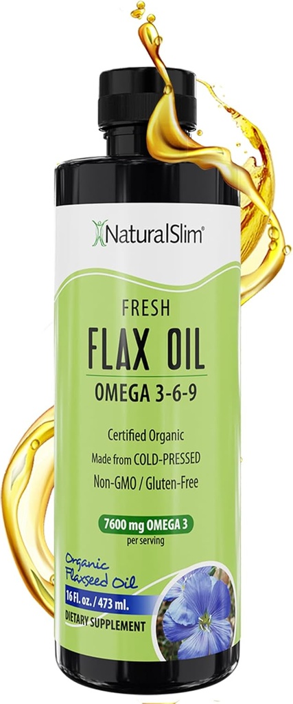 NaturalSlim Flaxseed Oil Liquid Fresh Taste Flax Oil Organic Cold Pressed & High in Omega 3 6 9 Fatty Acid Flax Seed Supplement for Healthy Cells, Hair, Skin, & Nails - Fresh Taste 16 fl. Oz.