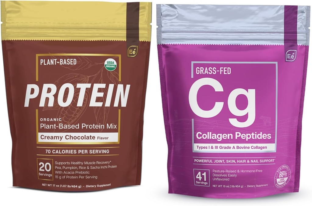 Essential Elements Hydrolyzed Collagen Peptides Powder & Organic Pea Protein Powder - Creamy Chocolate | Joint, Skin, Hair, & Nail Support + Low-carb Plant-Based Vegan Blend