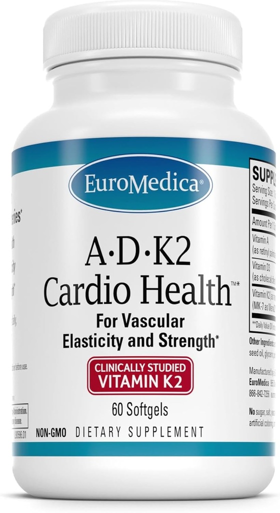 EuroMedica A • D • K2 Cardio Health - Cardio Sundhed & Vaskulære Elasticitet og styrke Support - Kardiovaskulær Support med Vitaminer A & D3 - AIDS Blodkar Elasticitet - 60 Softgels