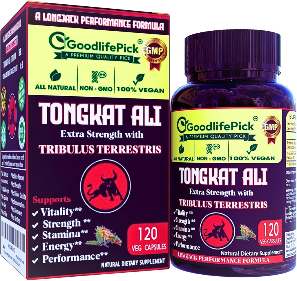 Extra Strength Tongkat Ali with Tribulus Terrestris. Powerful (100:1) Longjack/Tongkat Ali Extract. 120 Veg Capsules Tongkat Ali for Men.All Natural, Non-GMO,Vegan, No Stearate, No Rice Powder