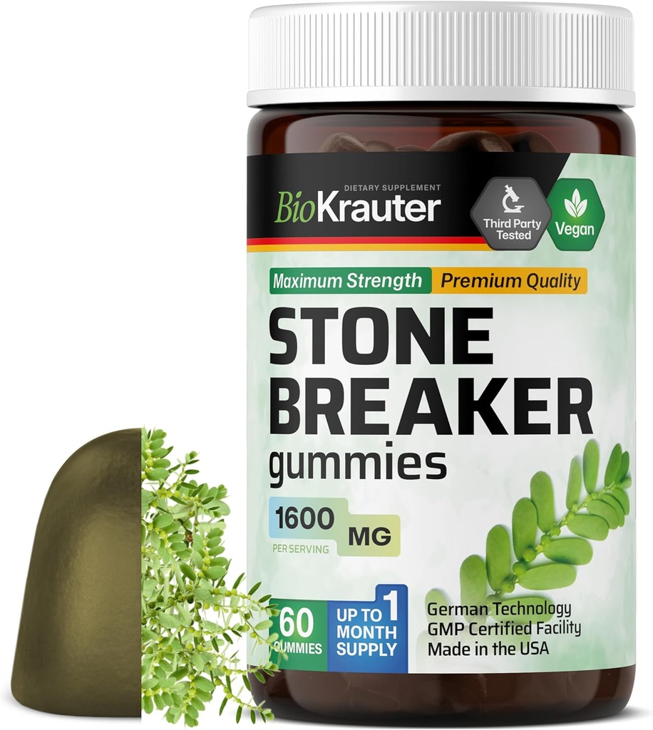 BIO KRAUTER Chanca Piedra Stone Breaker Gummies - 1600 mg Styrke - 60 Vegan Tyg - Natural Nyre & Gallablære Cleanse Supplement