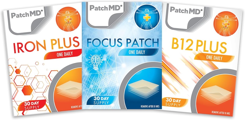 Iron Plus, B12 Energy Plus, & Fokus tematisk patch bundle - 30 dages forsyning