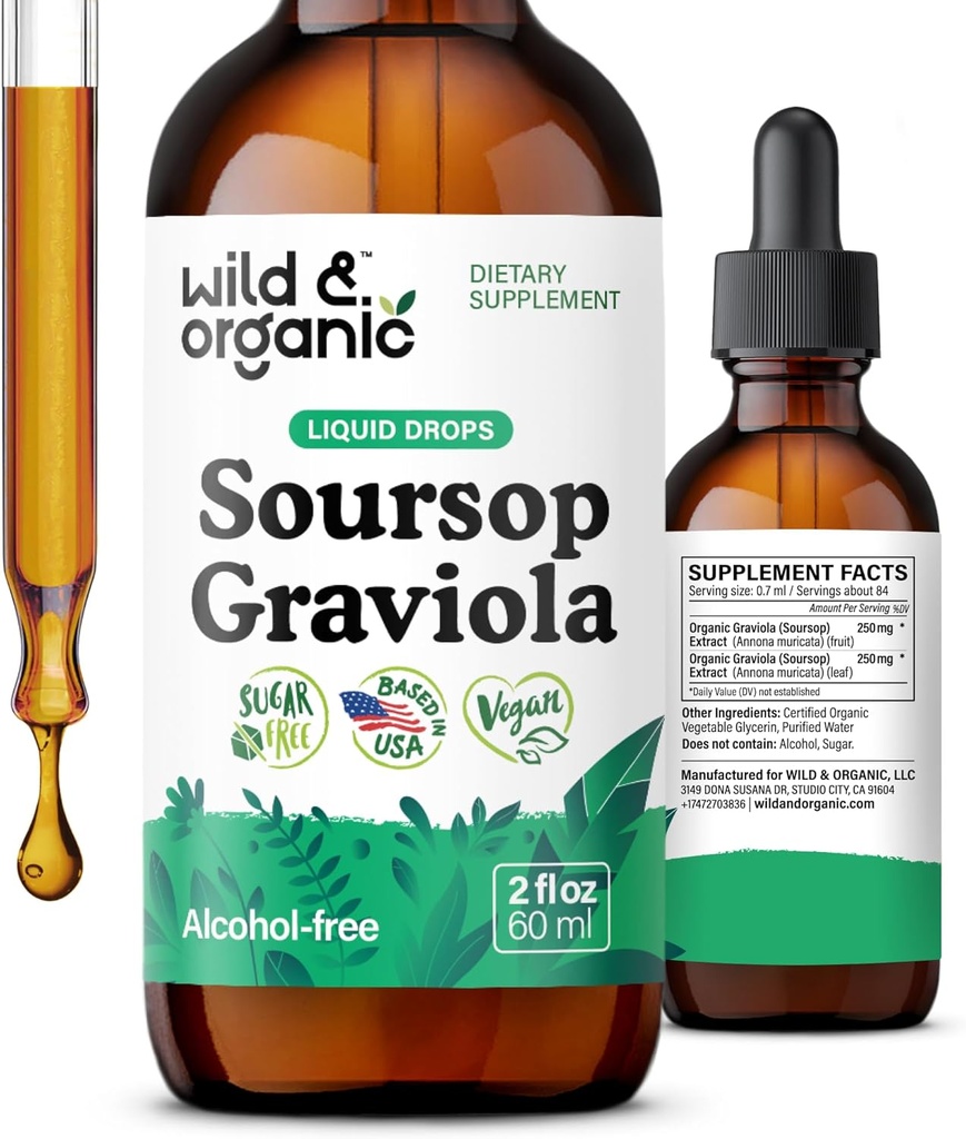 Wild & Organic Soursop Graviola Liquid Drops - Guanabana Blade & Soursop Frugtfarve til Antioxidant Support - Graviola Leaf Extract Supplement - Vegan, Sugar & Alcohol- Free - 2 fl oz