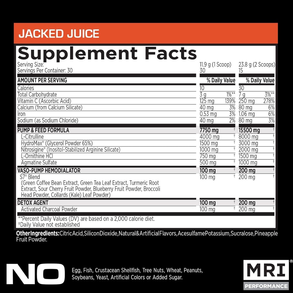 MR NO2 Sort nitrogenoxid supplement til pumpe, muskelvækst, vaskularitet & energi - kraftfuld Stimulerende-fri Pre- træning med Citrullin (30 Servere) (Jacked Juice)