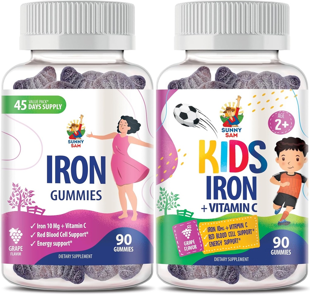 SUNNY SAM Iron Gummies for børn og voksne - Iron Vitaminer med C-vitamin, 10mg per servering - Iron Chewable Fruit Gummy til immunforsvar Red Blood Cell Production