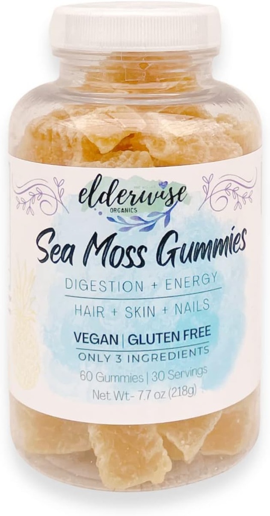 Elderwise Organics Made With Love Sea Moss Gummies against 3 Ingredients against 124; Vegan Measures 124; Premium Ingredients Measures 124; Gluten Free Measures 124; Sea Moss Gummy
