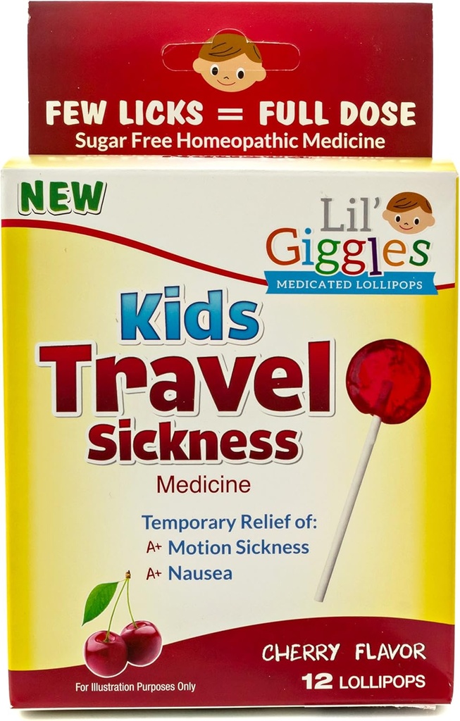 Lil 'Giggles Kids Medicated Lollipops - Sweet Gentle Relief for Kids & Ikke-døsighed - for Bil Sygdom, Rejser Kvalme & Bevægelse Sygdom Relief - Homøopatiske Remedy Børns Kærlighed - Cherry Flavor 12 CT