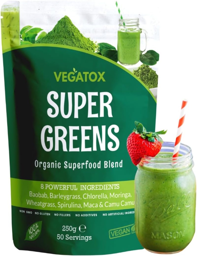 Vegatox Super Green Powder 250g Beeg 124; Ultimate Immunity Support # 124; Green Powder Superfood for Immunity, Energy and Detox # 124; Vegan, 100% Natural & Alkaline # 124; 50 Serveringer