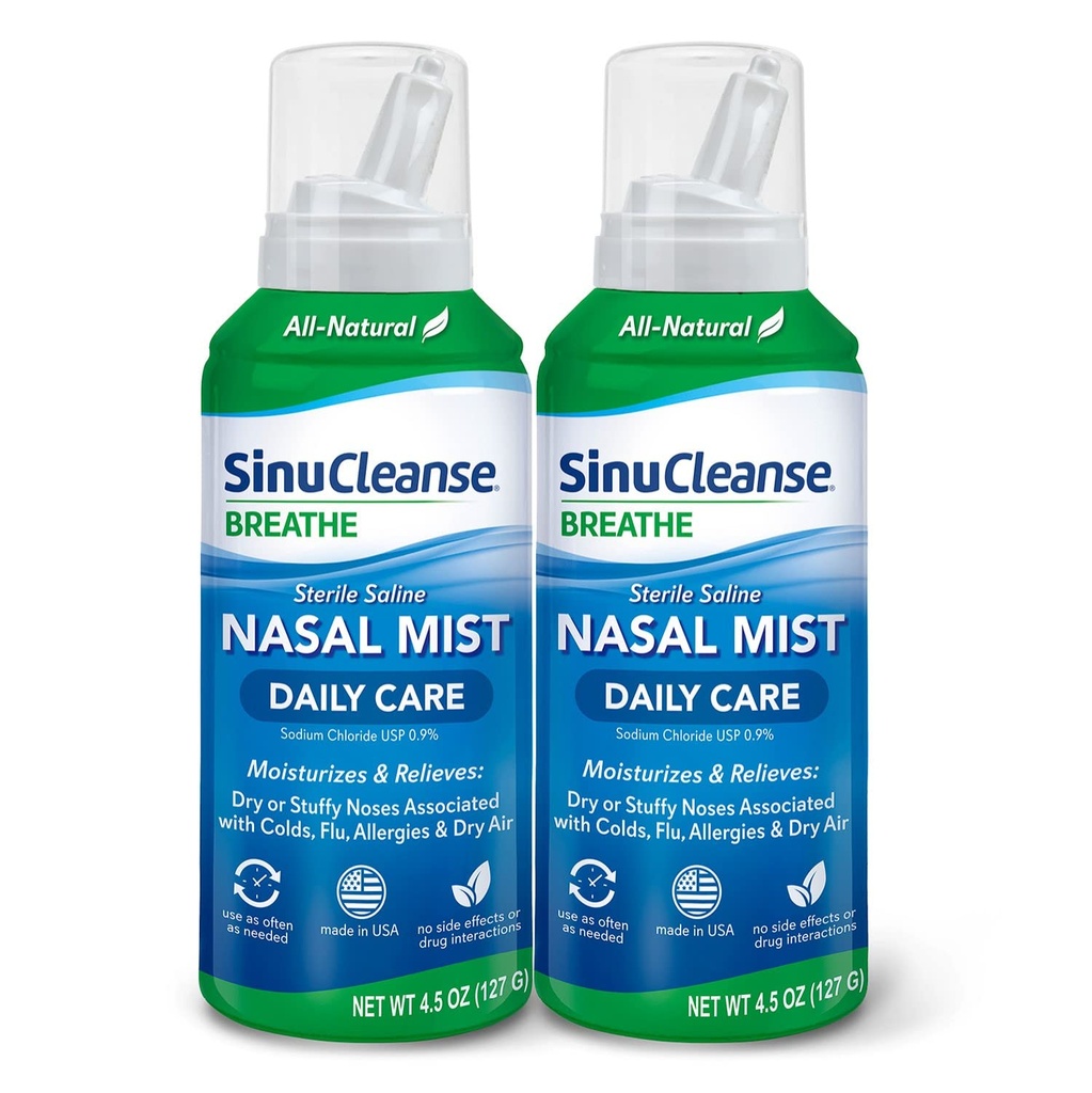 SinuCleanse Daily Care Steril Saline Nasal Spray, Ultra Fine Mist, Øjeblikkelig Fugt & Relieves Everyday Nasal Congestion På grund af Colds & Try Air, 4.5 Oz (2 Pack), Made in USA