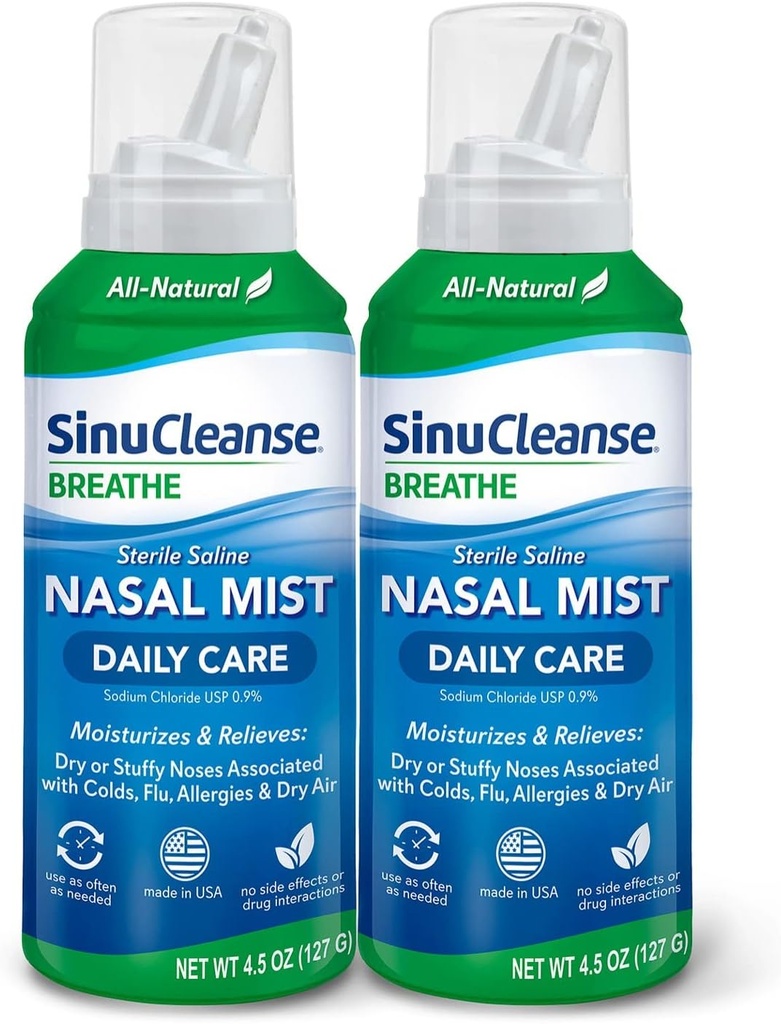 SinuCleanse Daily Care Sterile Saline Nasal Spray, Ultra Fine Mist, Instantly Moisturizes & Relieves Everyday Nasal Congestion Due to Colds & Dry Air, 4.5 Oz (2 Pack), Made in USA