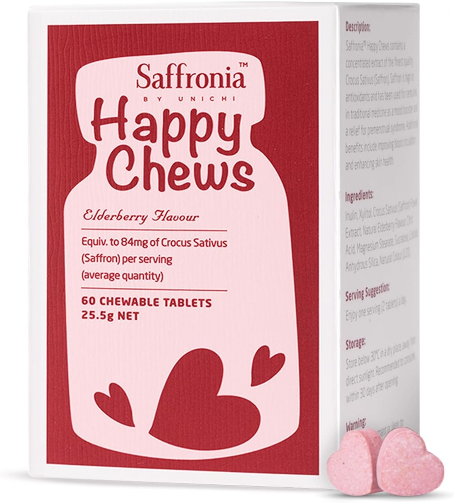 Unichi Safphronia Happy Chews, Saffron Supplement for Mood Balance Support og Stress Reduktion, Elderberry Flavour, 60 tabletter