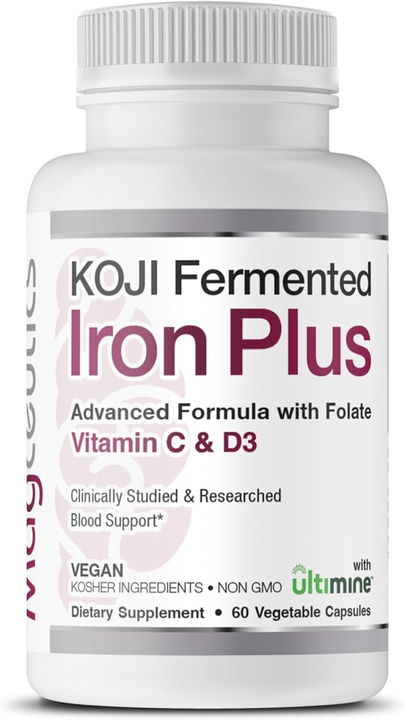 Koji Fermenteret Iron Plus - Jerntilskud med vitamin C, vitamin D3 og folat til blodtilskud, Nemt Absorberet og biotilgængelig, Mave venligt, Vegan, Non- GMO - 60 kapsler