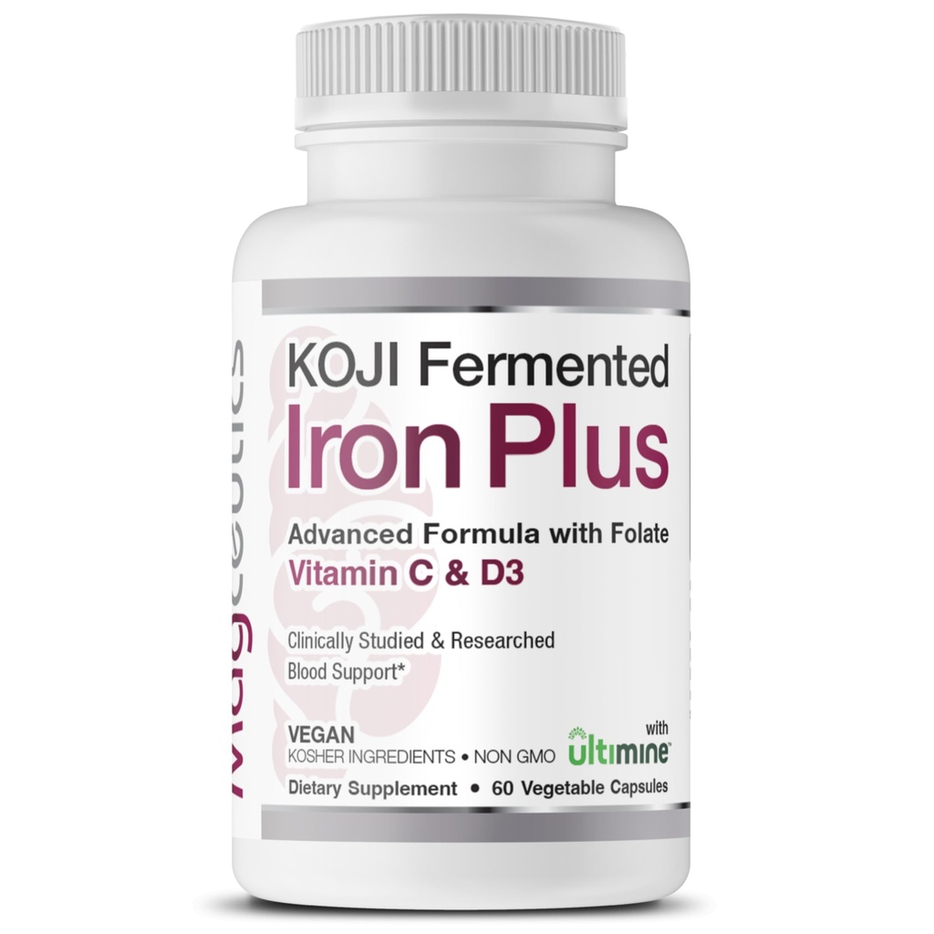 Koji Fermenteret Iron Plus - Jerntilskud med vitamin C, vitamin D3 og folat til blodtilskud, Nemt Absorberet og biotilgængelig, Mave venligt, Vegan, Non- GMO - 60 kapsler