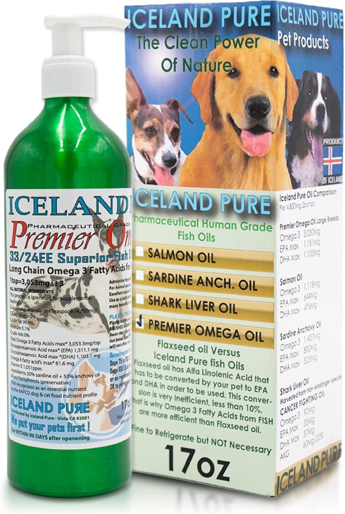 Premier Omega Fish Oil Supplement fra Island Pure Measures 124; Wild Caught Measurement 124; 3053mg Omega-3 per teske Measurement 124; For store hunde Breeds Measurement 124; Ethyl Ester Distillation Measurement 124; Pump Flaske BPA Free Børstet Aluminium 17Oz