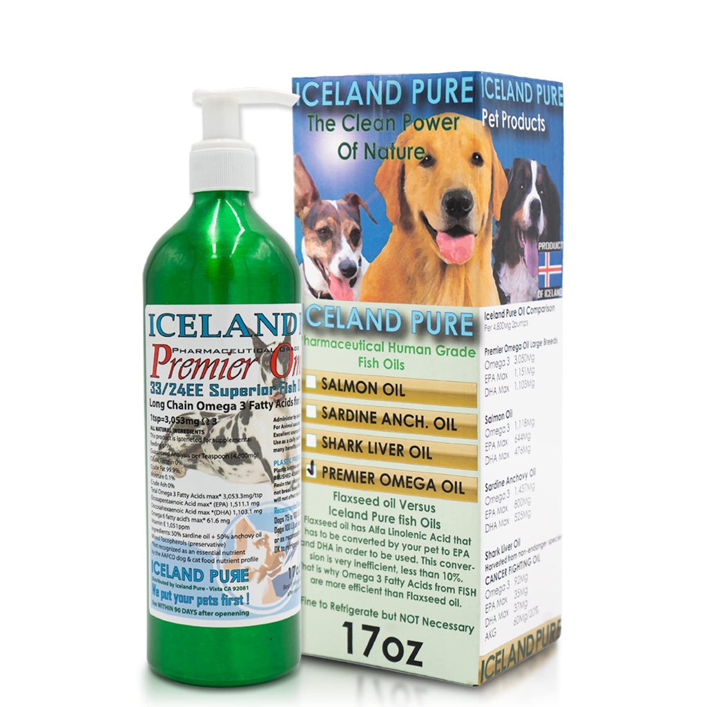 Premier Omega Fish Oil Supplement fra Island Pure Measures 124; Wild Caught Measurement 124; 3053mg Omega-3 per teske Measurement 124; For store hunde Breeds Measurement 124; Ethyl Ester Distillation Measurement 124; Pump Flaske BPA Free Børstet Aluminium 17Oz
