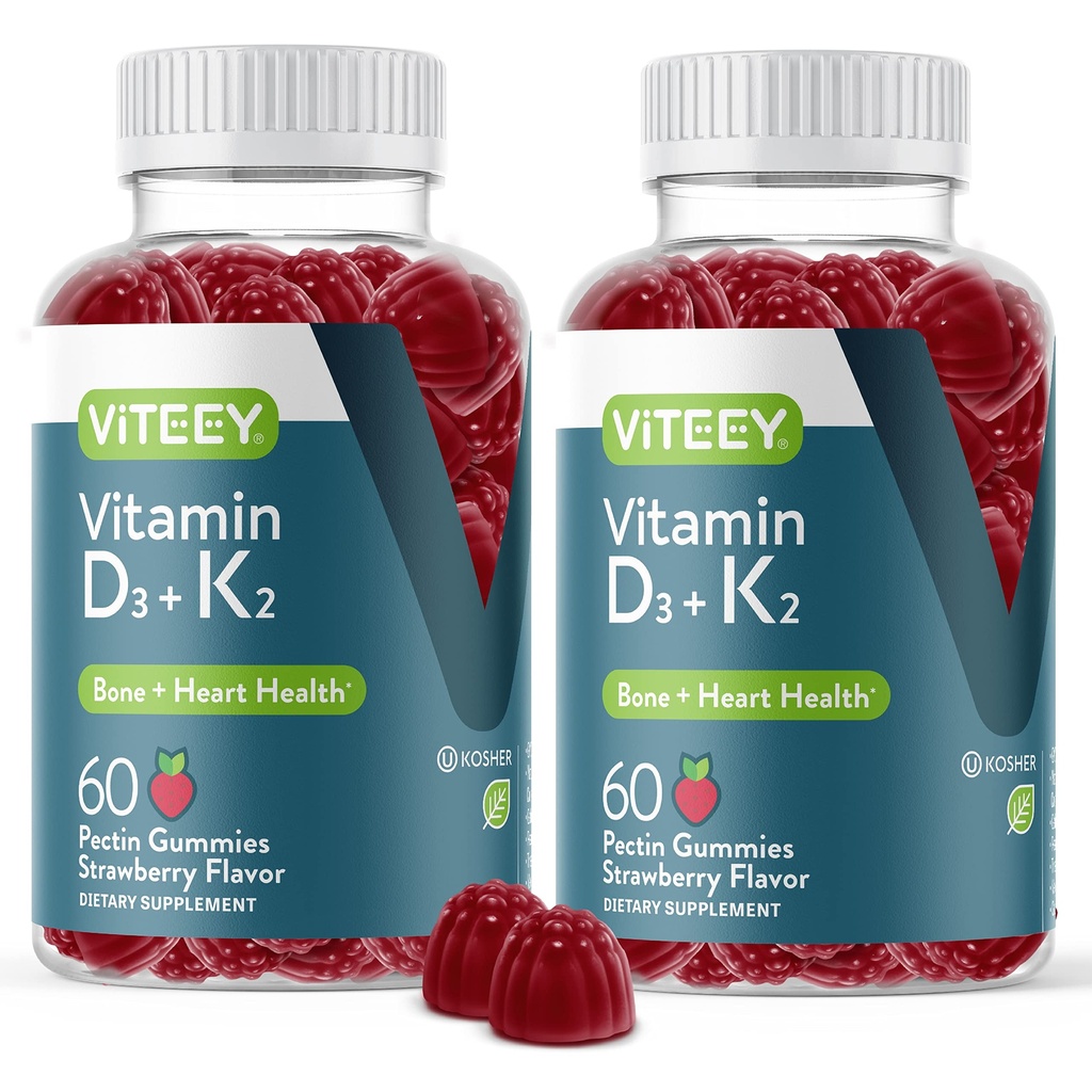 VITEEY Vitamin D3 K2 Gummies - 1000 IE Vitamin D3 og K2 100mcg - Knogler og hjerte sundhed for voksne og teenagere - Vegetarisk, Gelatine fri, GMO fri - Tasty Chewable D3K2 Vitamin Strawberry Flavored Gummy