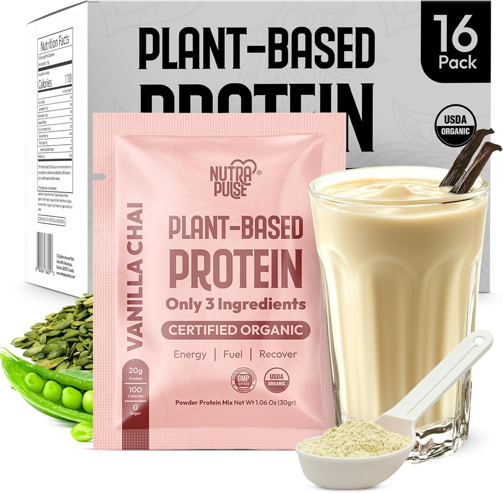 Vanilla Chai Vegan Protein Powder Sample Pack – 20g Organic Plant-Based Protein – NutraPulse – Gluten-Free, Soy-Free, Non-GMO – Clean & Easy to Digest – Smoothie Friendly – 16 Single Servings