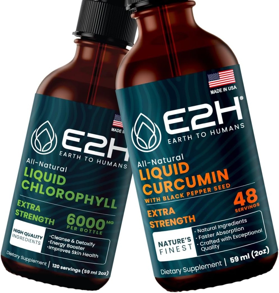 E2H: Flydende chlorophyll og flydende gurkemeje; Vegan, ikke-GMO - 2 Fl Oz Hver (4 Fl Oz i alt) - Bundle