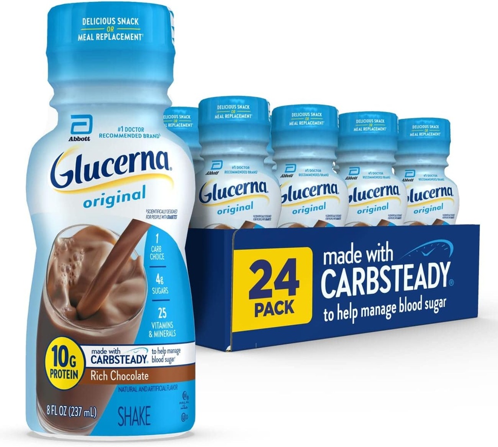 Glucerna Original Diabetes Care Shake, Rich Chocolate, Diabetic Meal Erstatning to Support Blood Sugar Management, 10g Protein, 180 kalorier, Klar til at drikke, 8- fl- oz flaske, 24 Pack