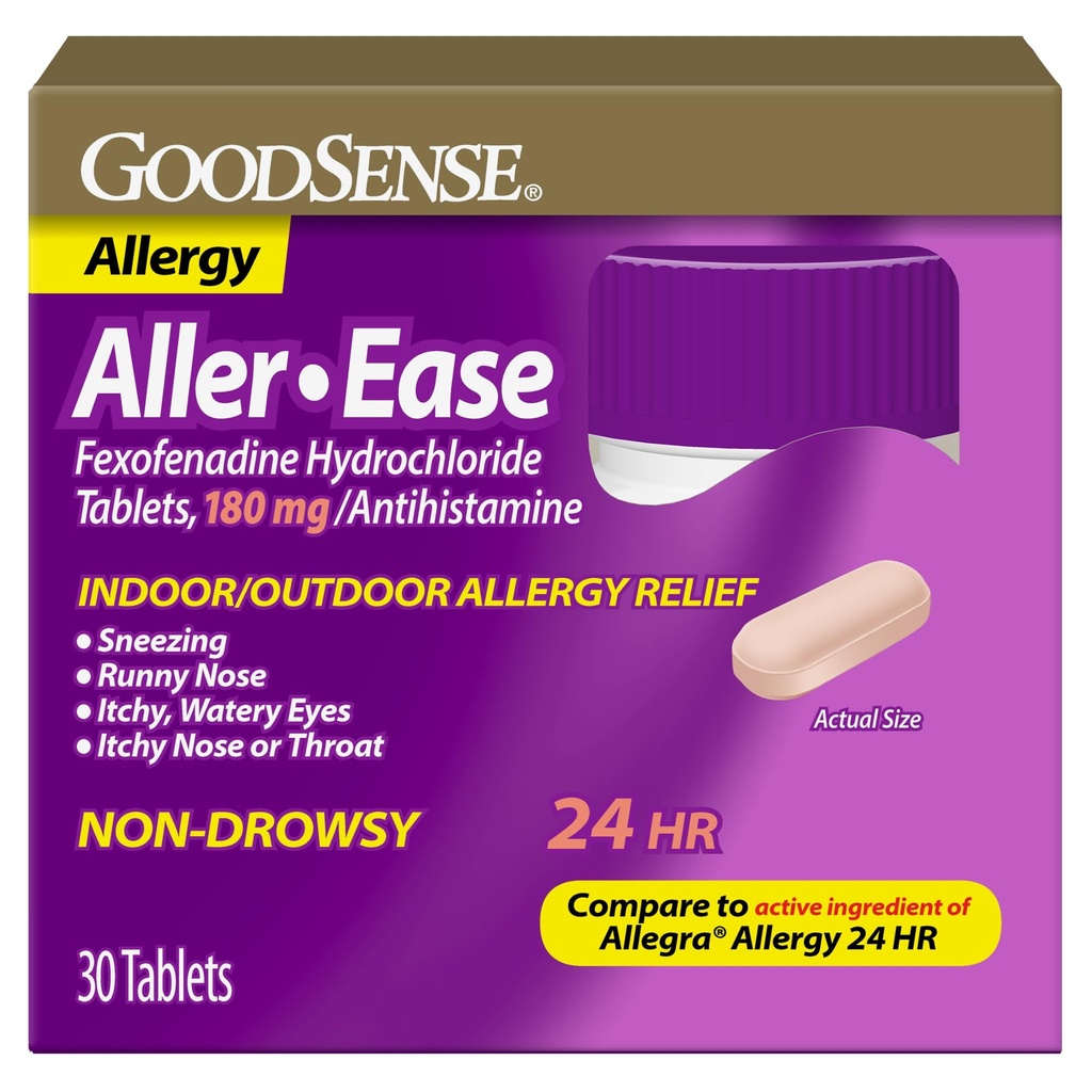 GoodSense Aller- Ease - Fexofenadine Hydroklorid 180 mg tabletter - 24 timers allergimedicin til indendørs og udendørs lindring, 30 Tæl