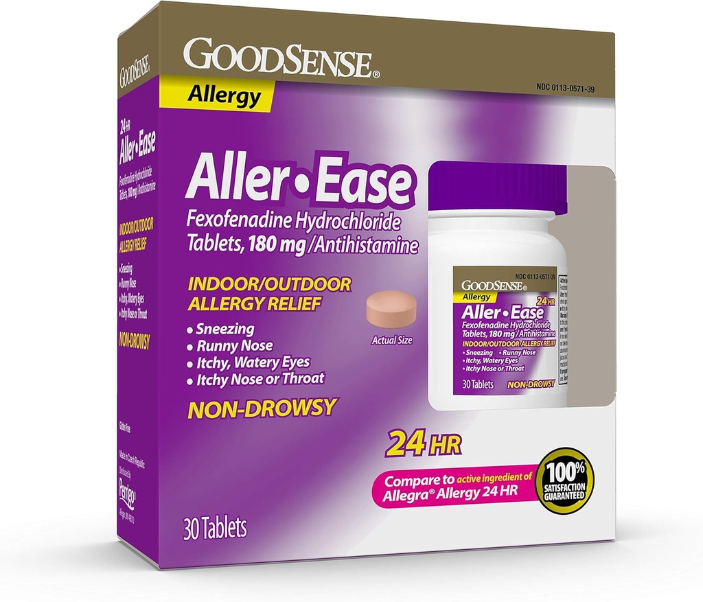 GoodSense Aller- Ease - Fexofenadine Hydroklorid 180 mg tabletter - 24 timers allergimedicin til indendørs og udendørs lindring, 30 Tæl