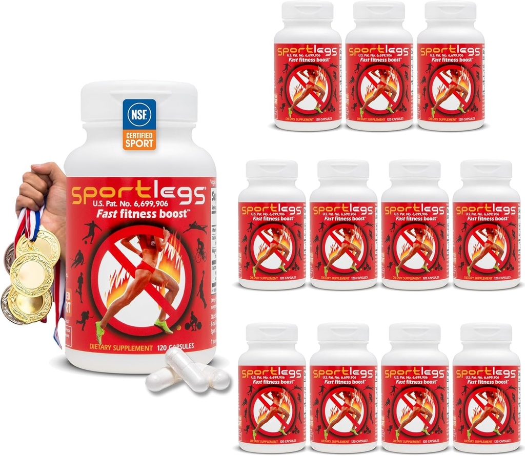 SPORTLEGS Fast Fitness Boost Pre Workout for mænd og kvinder, Mælkesyre tillæg, Sport Endurance Fuel, Endurance Kosttilskud til løbere - NSF Certificeret til Sport, 120- Capsule Flaske, pakke med 12