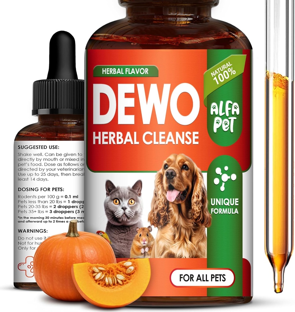 Cat & Dog Herbal Broad Spectrum Cleanser – Liquid Cleanse for Puppy & Kitten – Digestive Support & Better Nutrition Absorption for Pets – Wormwood, Pumpkin Seeds and Carrot in The Composition – 2 Oz