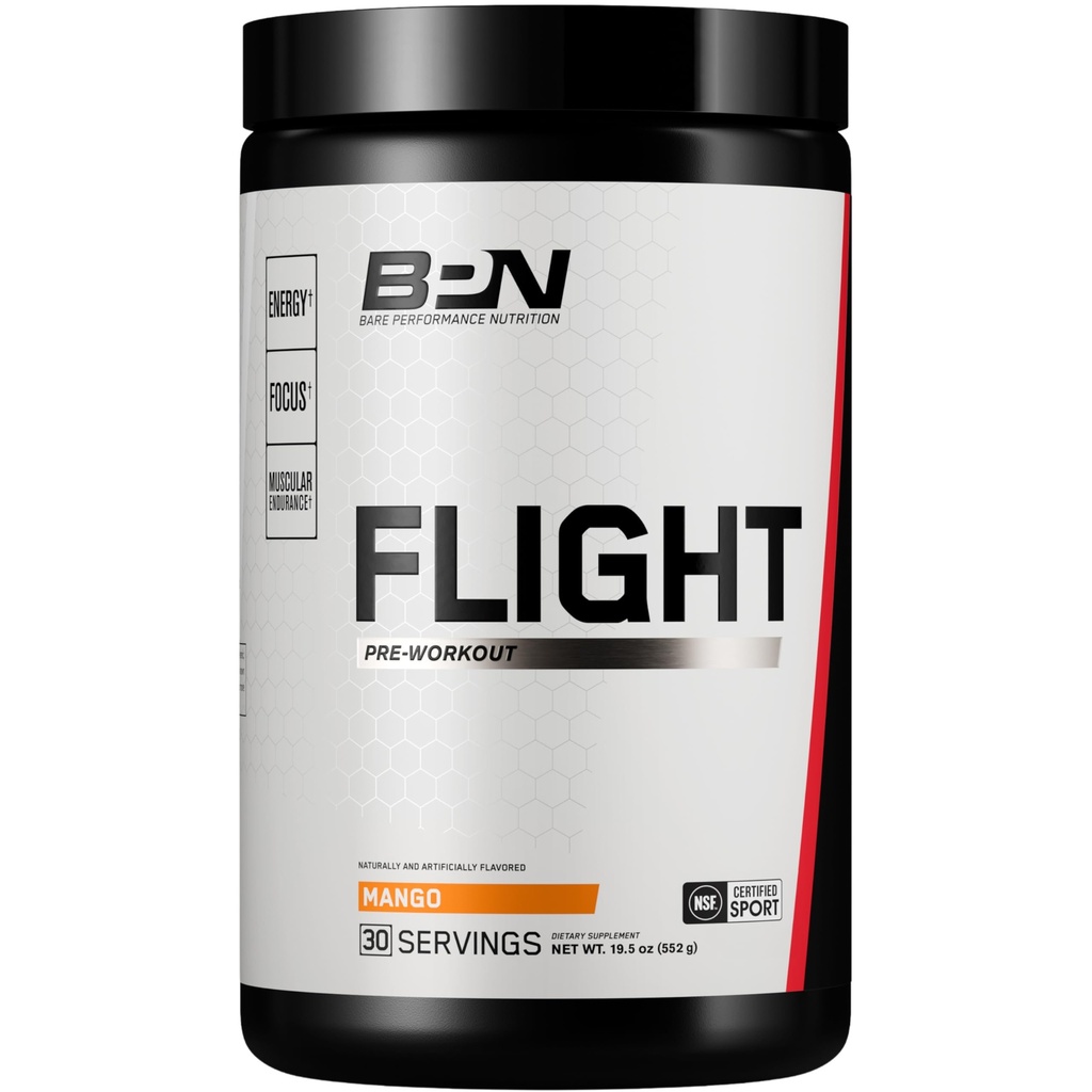 BPN Flight Pre Workout, understøtter energi og mental fokus, forbedret udholdenhed og muskelpumper med CarnoSyn ® Beta Alanine, Mango, 30 Serveringer