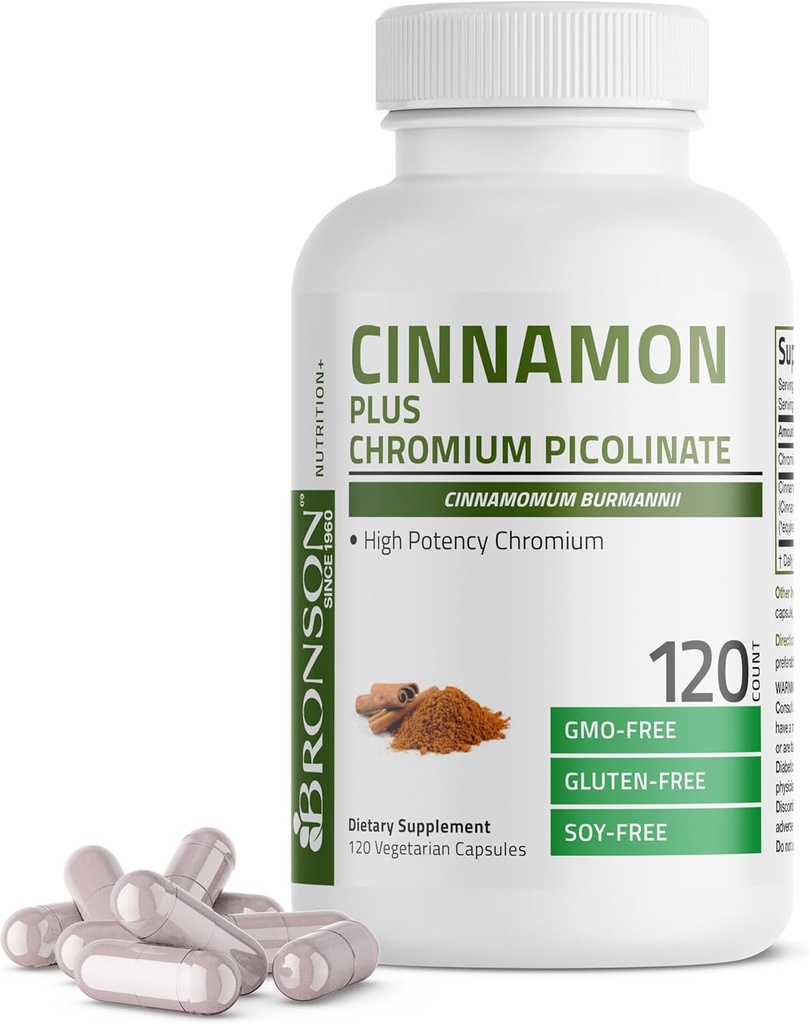 Bronson Cinnamon Plus Chrom Picolinate Supplement, High Potency Chrom, Non- GMO, 120 Vegetariske kapsler