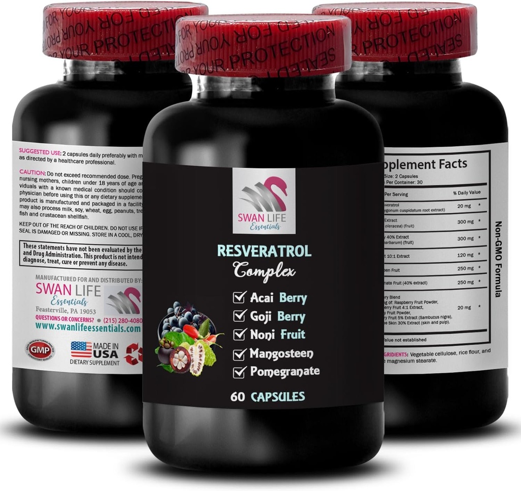 Nutrient Boost - RESVERATROL COMLEX - Berry Fordele, kraftfulde antioxidanter, Goji Berry Support, Elderberry Strength, Daily Support, Pomegranate Energy, Whole Food, Flavorful Energy 1 flaske 60 Caps