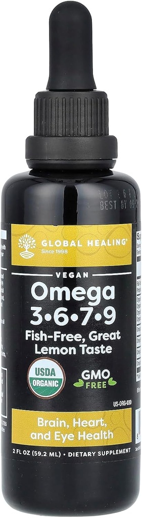 Global Healing Organic Omega 3 6 9 og 7 (Seaberry CO2 Extract) - Fish-Free, Non-GMO Omega 3 tillæg til kvinder & mænd, Indeholder Perilla frø & hørfrø olie - Fish Oil Alternative - 2 Fl Oz
