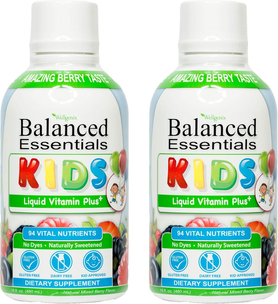 Wellgenix Balancerede Essentials Kids Liquid Vitamin - Ernæring Multivitamin til Picky Eaters - Childrens immunboost & Samlet sundhed -16oz (pakke med 2)
