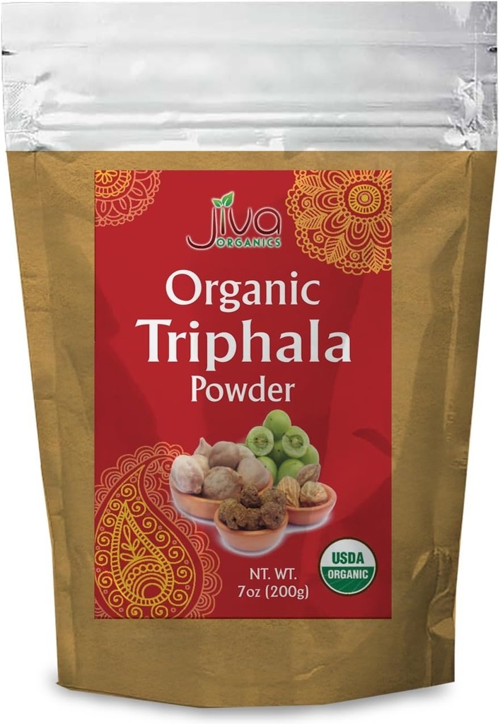 Jiva Organics Organic Triphala Powder 7 Ounce Bag - Ground Amla, Bhibitaki, og Haritaki Fruits Blended, 100% Natural & Non- GMO