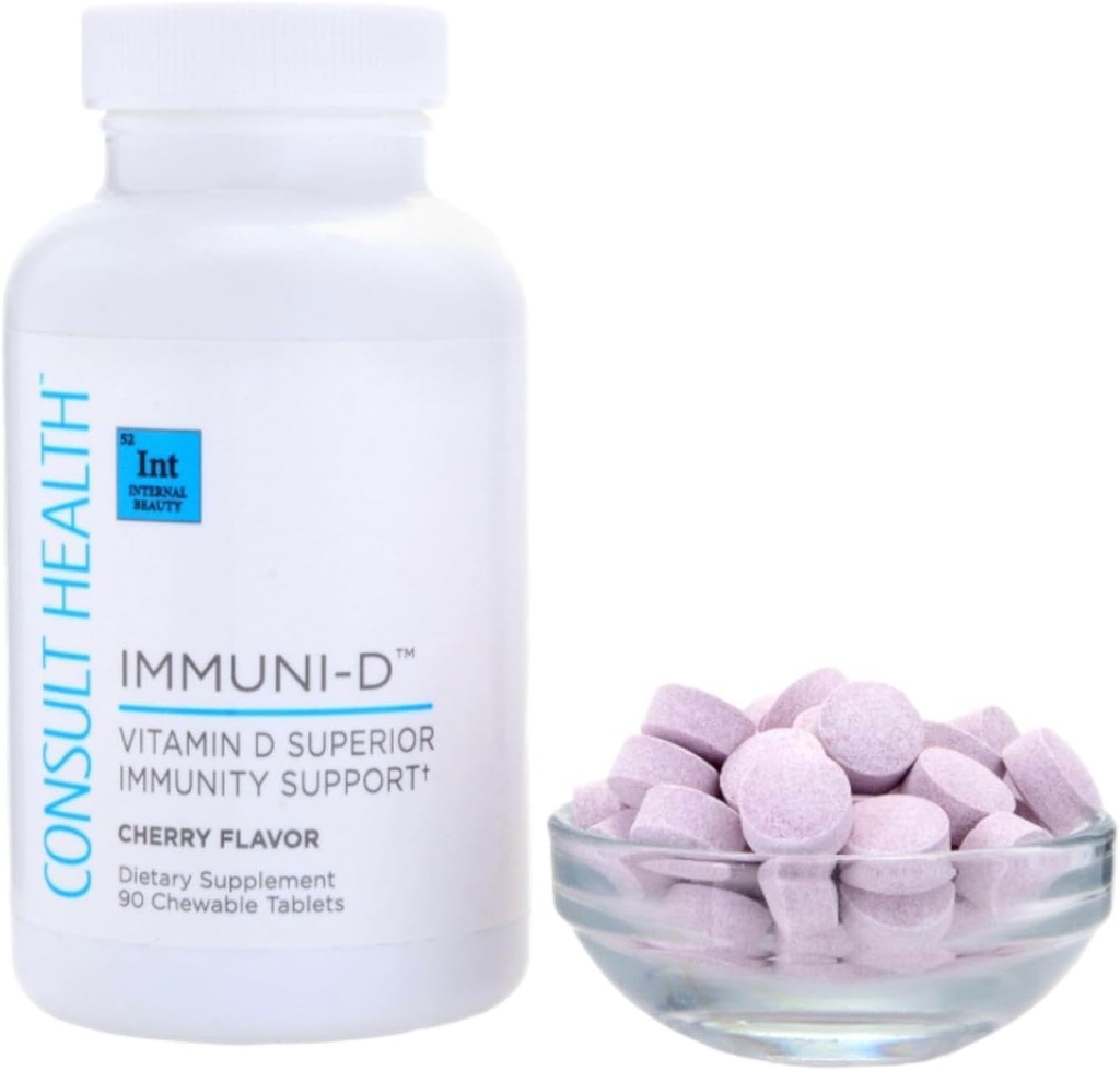 Consult Health IMMUNI- D vitamin D Superior Immunity Support Chewable Tablets Cherry Flavor - Zink - Elderberry Fruit -Kosttilskud - 90 Greve (1 pakke)